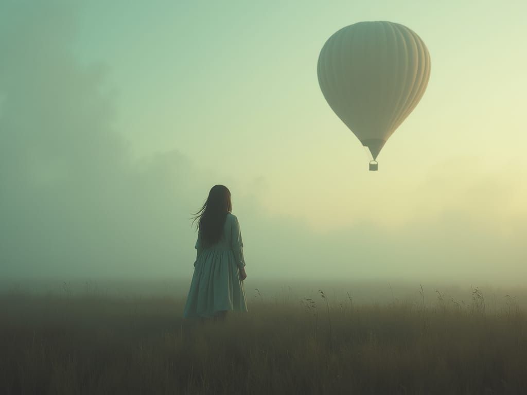 Girl in Mist Watching Hot Air Balloon, Rozalski Style