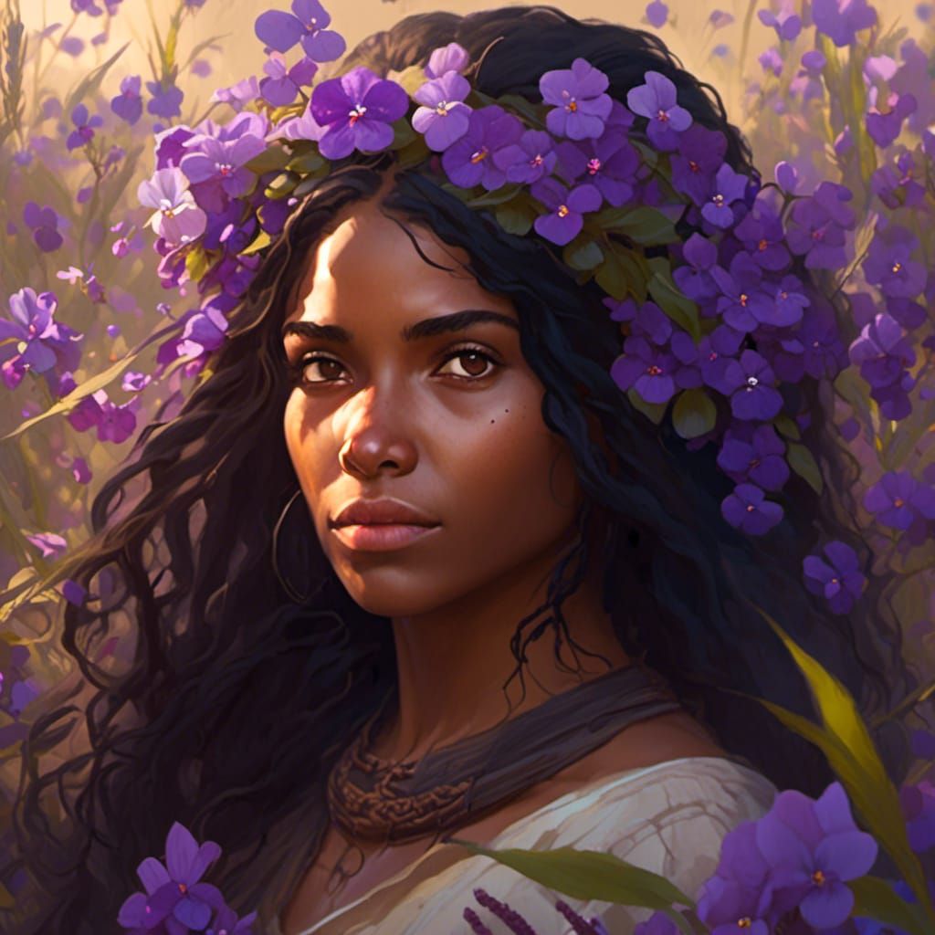Hyperrealistic Woman in Violet Field Portrait