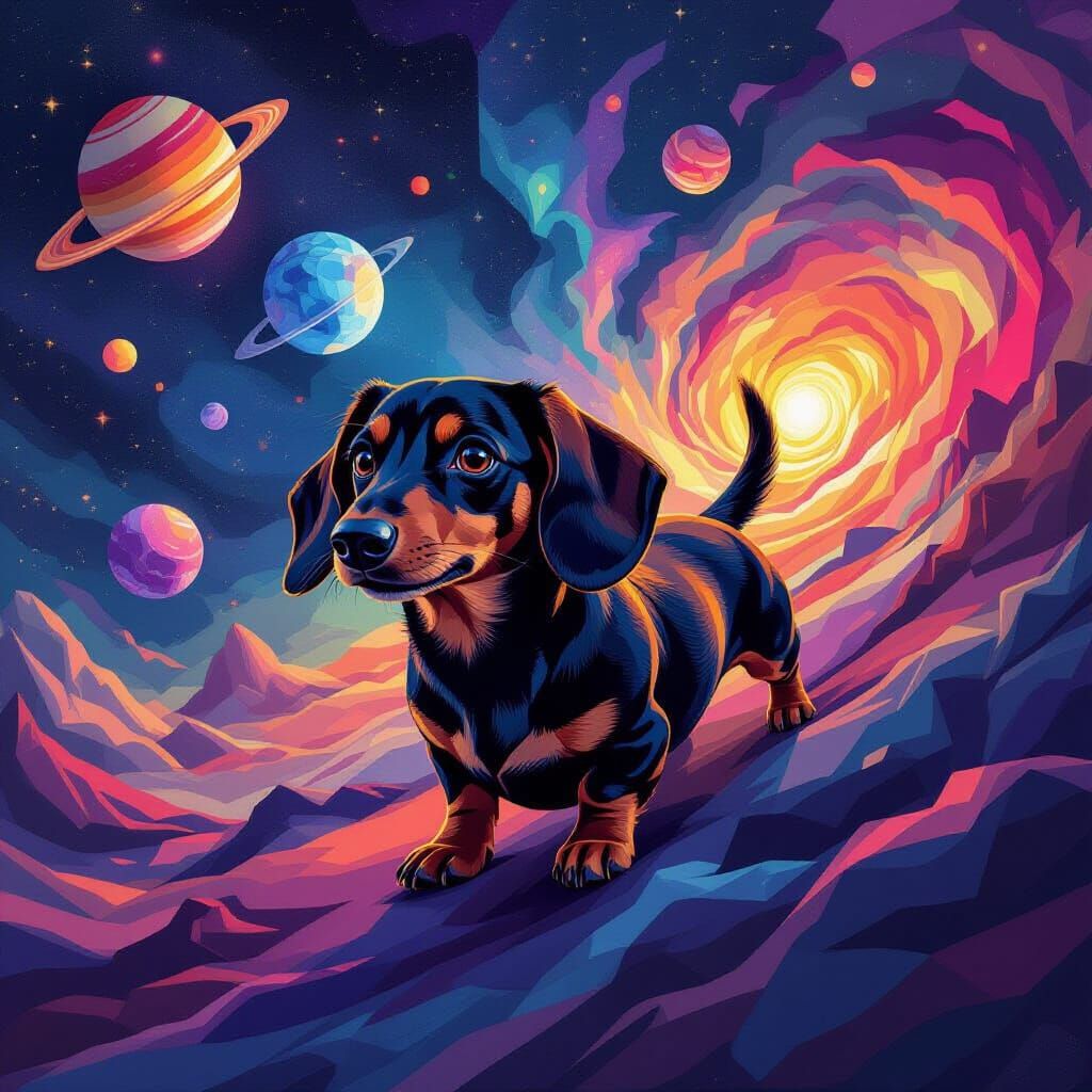 Playful Dachshund in Cosmic Neo-Cubist Space