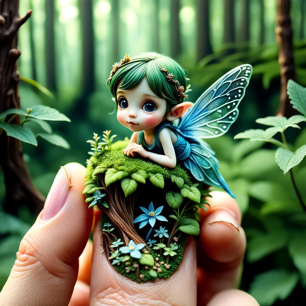 Hyperrealistic Fairy on a Human Finger