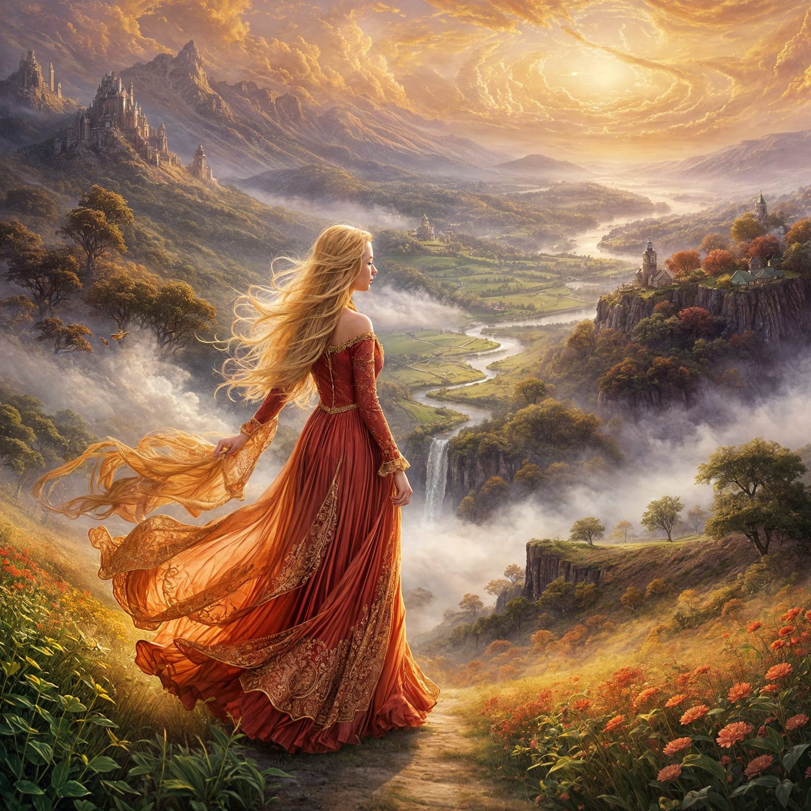 Ethereal Blonde Goddess in Whirling Red Dress