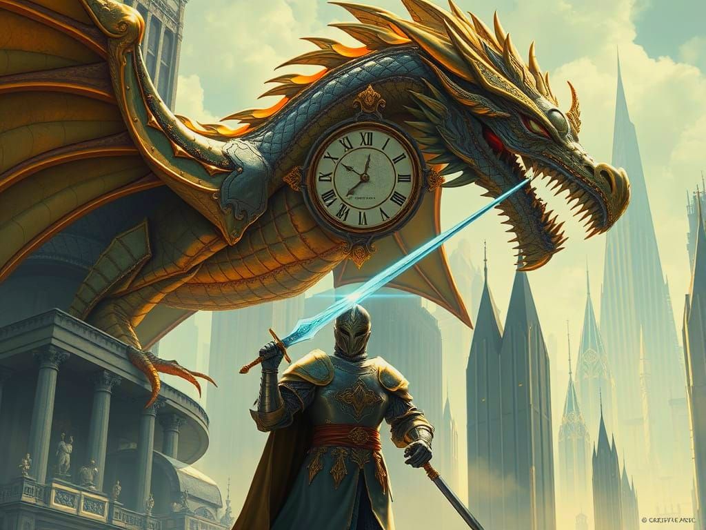 Knight Battles Surreal Clockwork Dragon in Art Deco Cityscap...