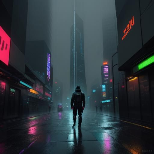 Cyberpunk Cityscape: Rainy Night in a Dystopian Metropolis