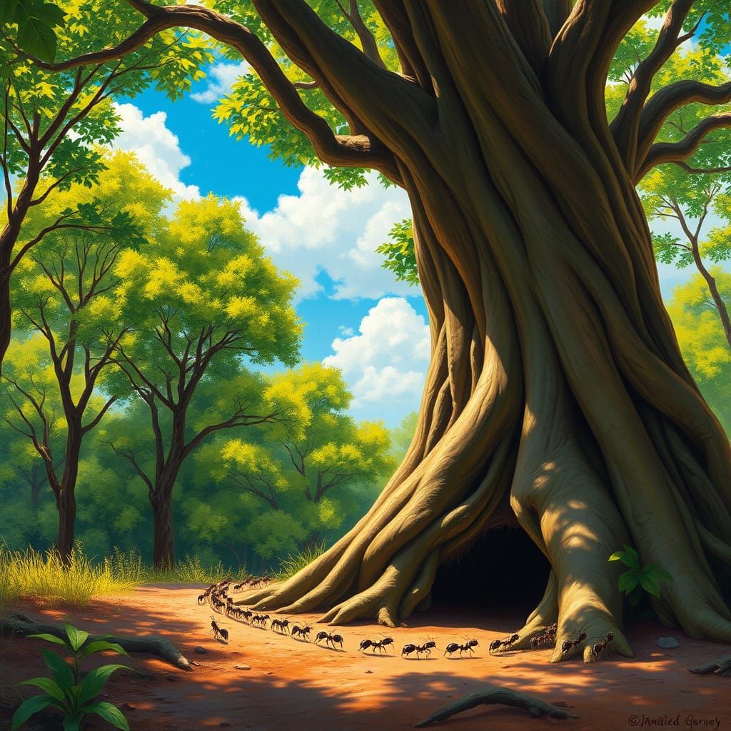 Warm Forest Scene with Industrious Ants in Oil Painting Styl...