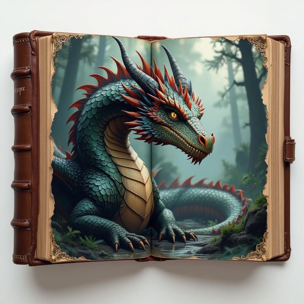 Majestic Dragon Emerges from Book, Hyper-Realistic Photo