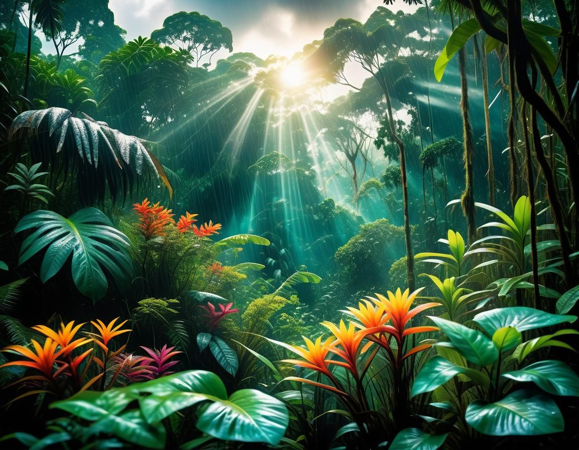 Turquoise Sun Flares Through Stormy Jungle