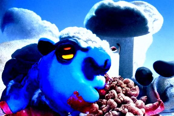 Cosmic Sheep Devouring Smurfs: A Sinister Scene
