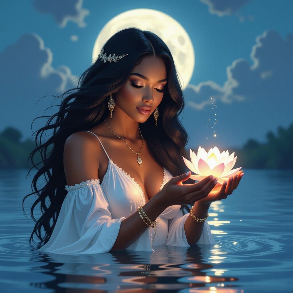 Ethereal Goddess Emerging from Moonlit River in Art Nouveau ...