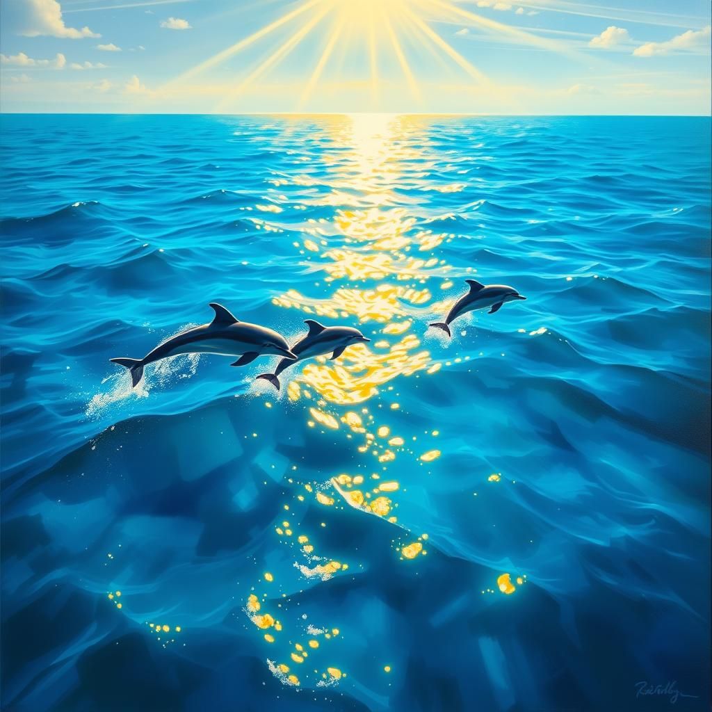 Azure Open Sea Dolphins in Sunlight, Oil Painting