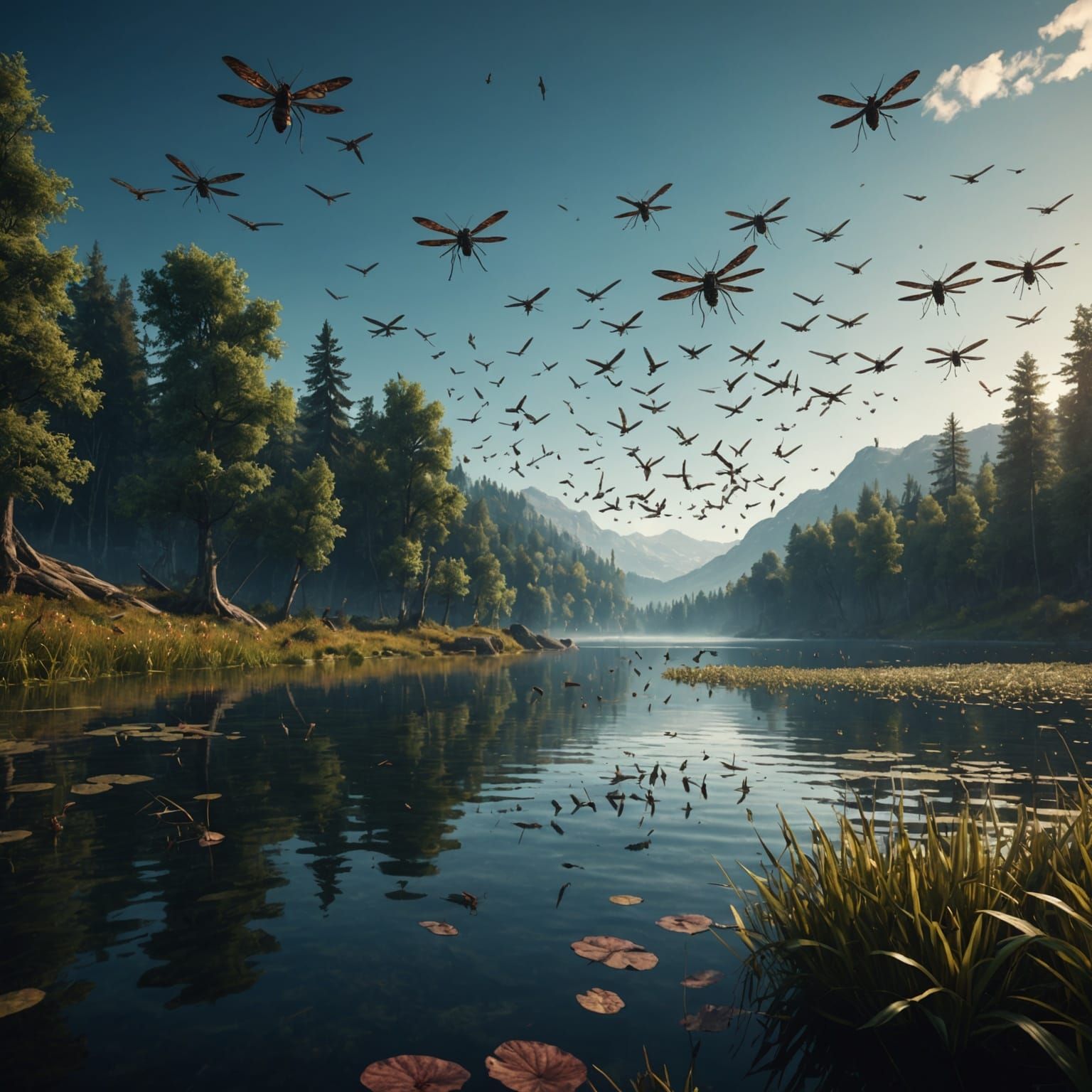 Mosquito Swarm Over Lake: Detailed Matte Painting