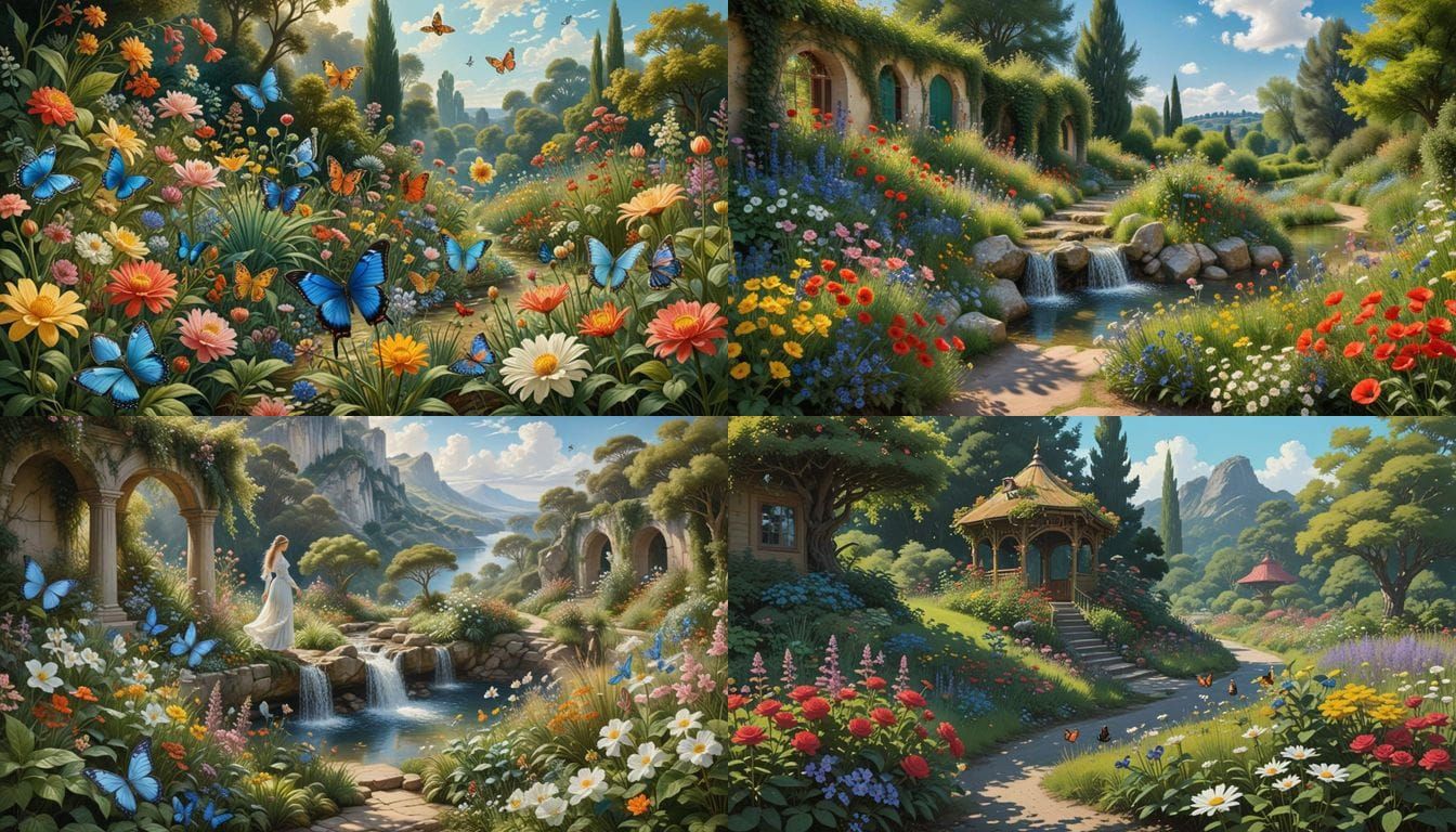 Vibrant Garden Panorama with Blue Butterflies in Full Bloom