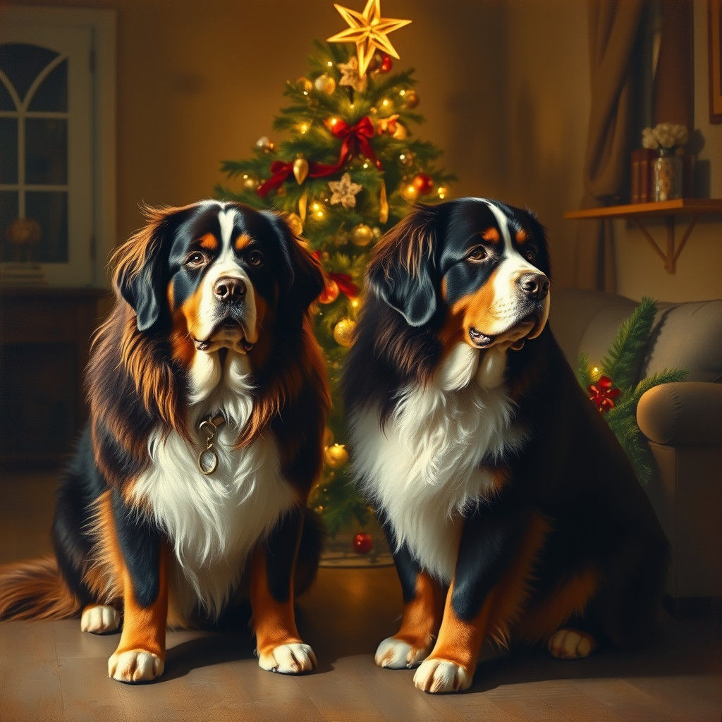 Bernese Mountain Dogs Beside Fallen Christmas Tree