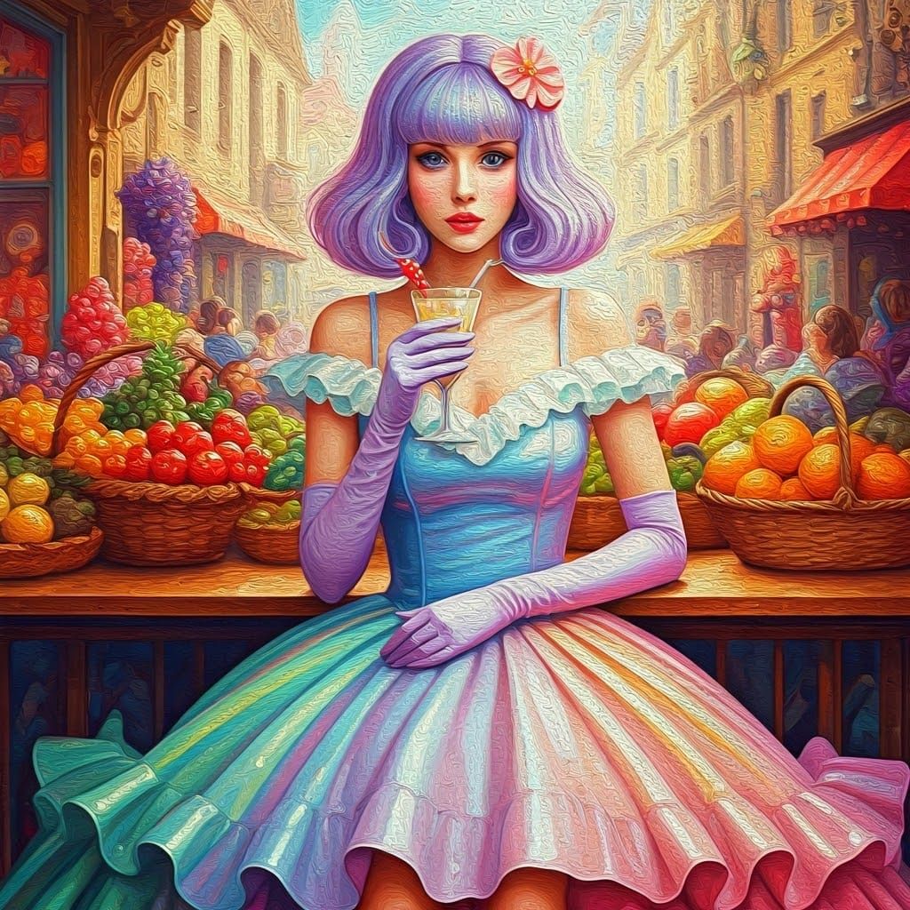 Pastel Fashionista Enjoying Rainbow Drink as Watercolor