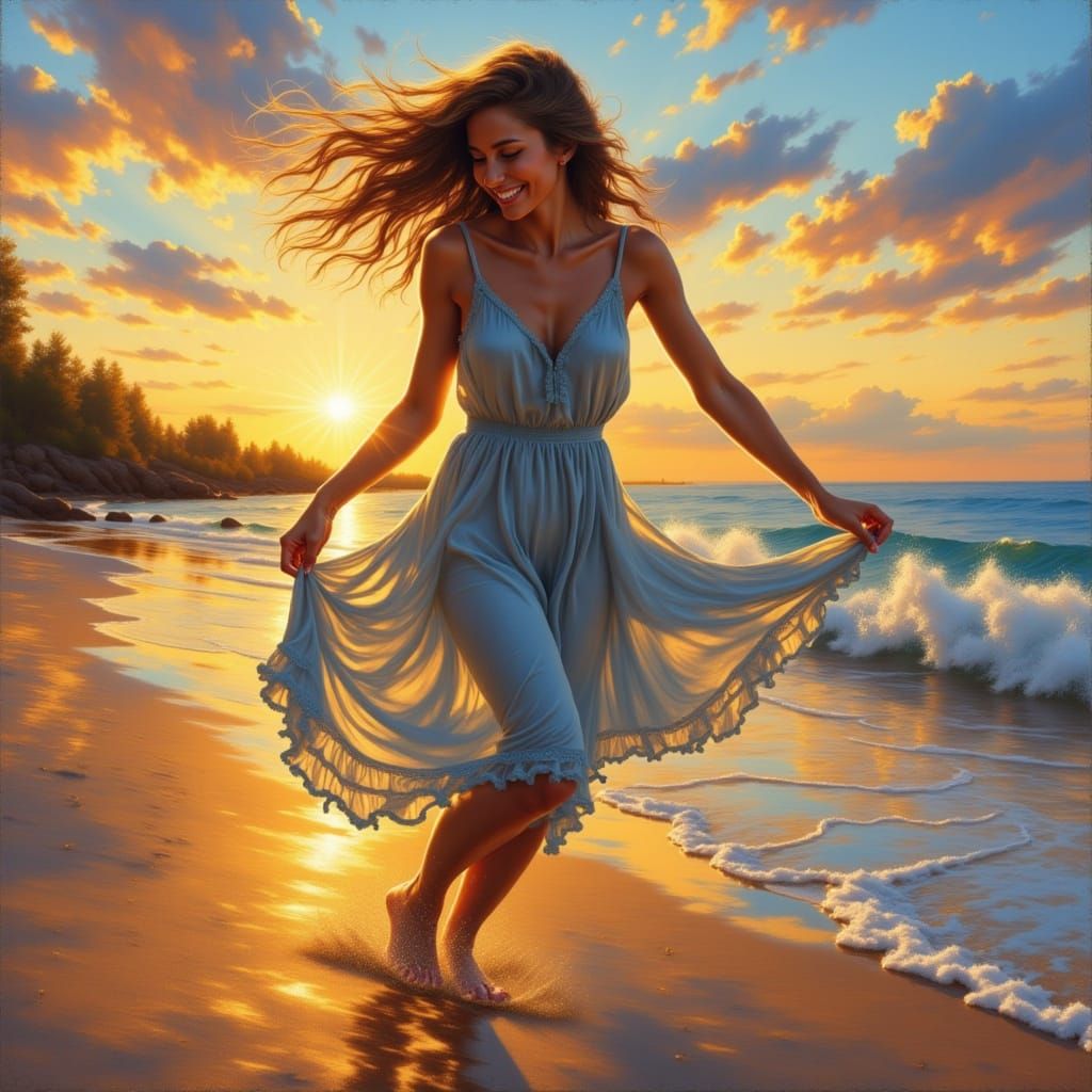 Impressionist Woman Dancing on Sunset Beach