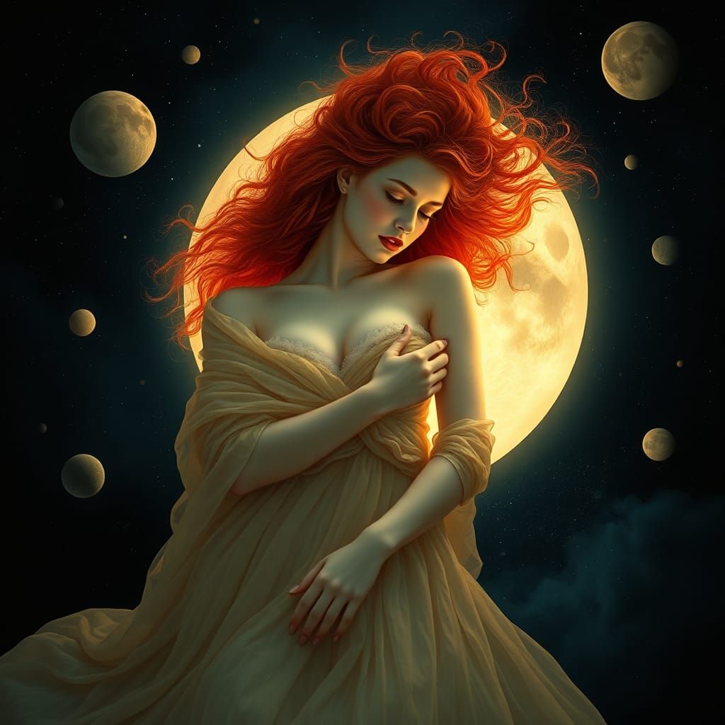 Redhead on Moon in Mystical Style