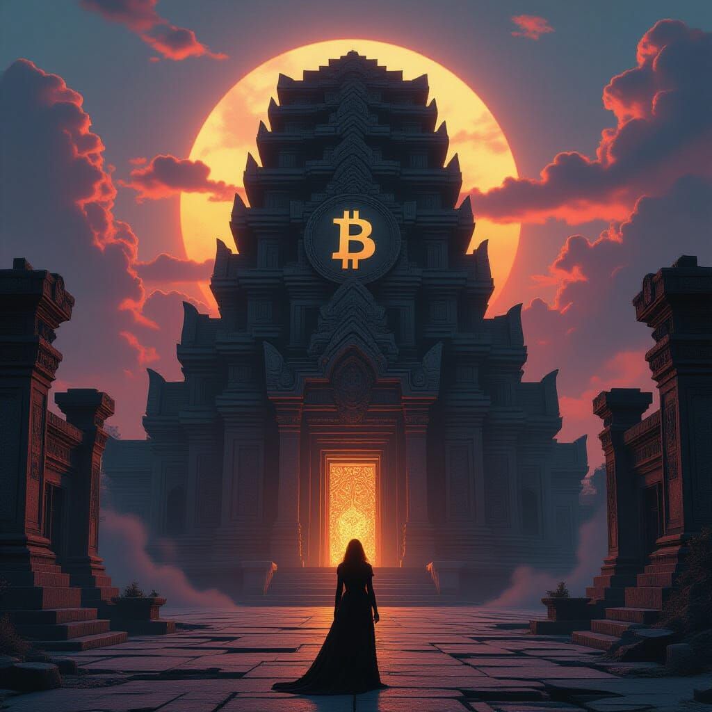 Ancient Bitcoin Temple with Biomechanical Facade