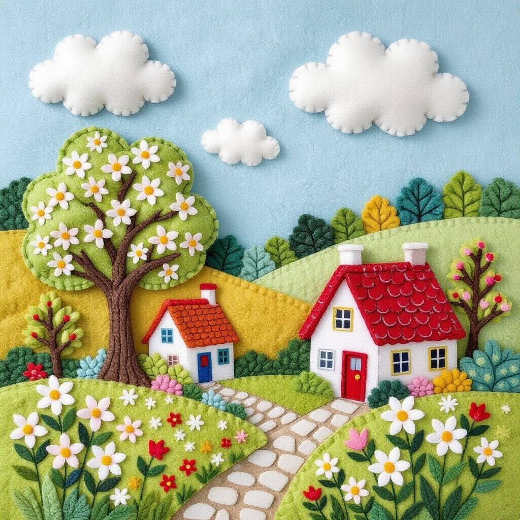 Felted Whimsical Village Scene with Cloud Trees