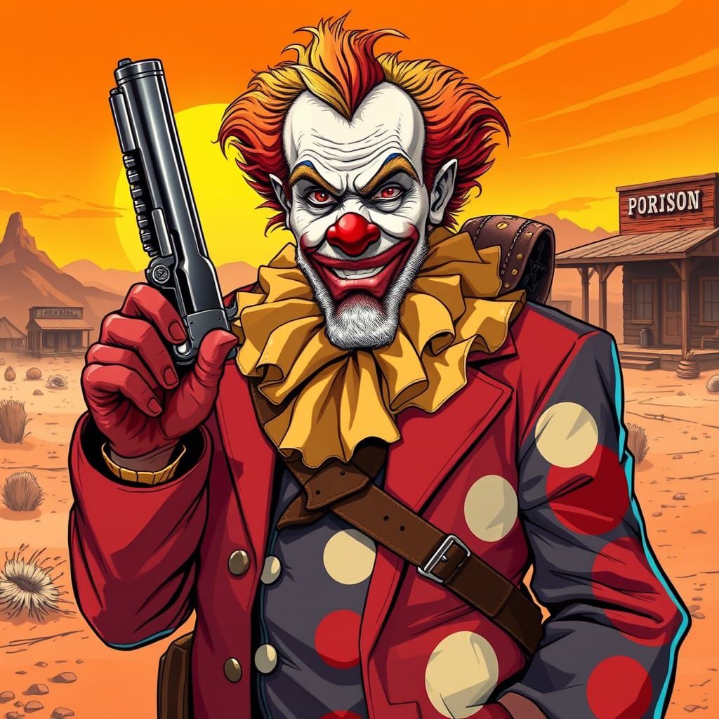 Gritty Old Clown Gunslinger in Vibrant Anime Style