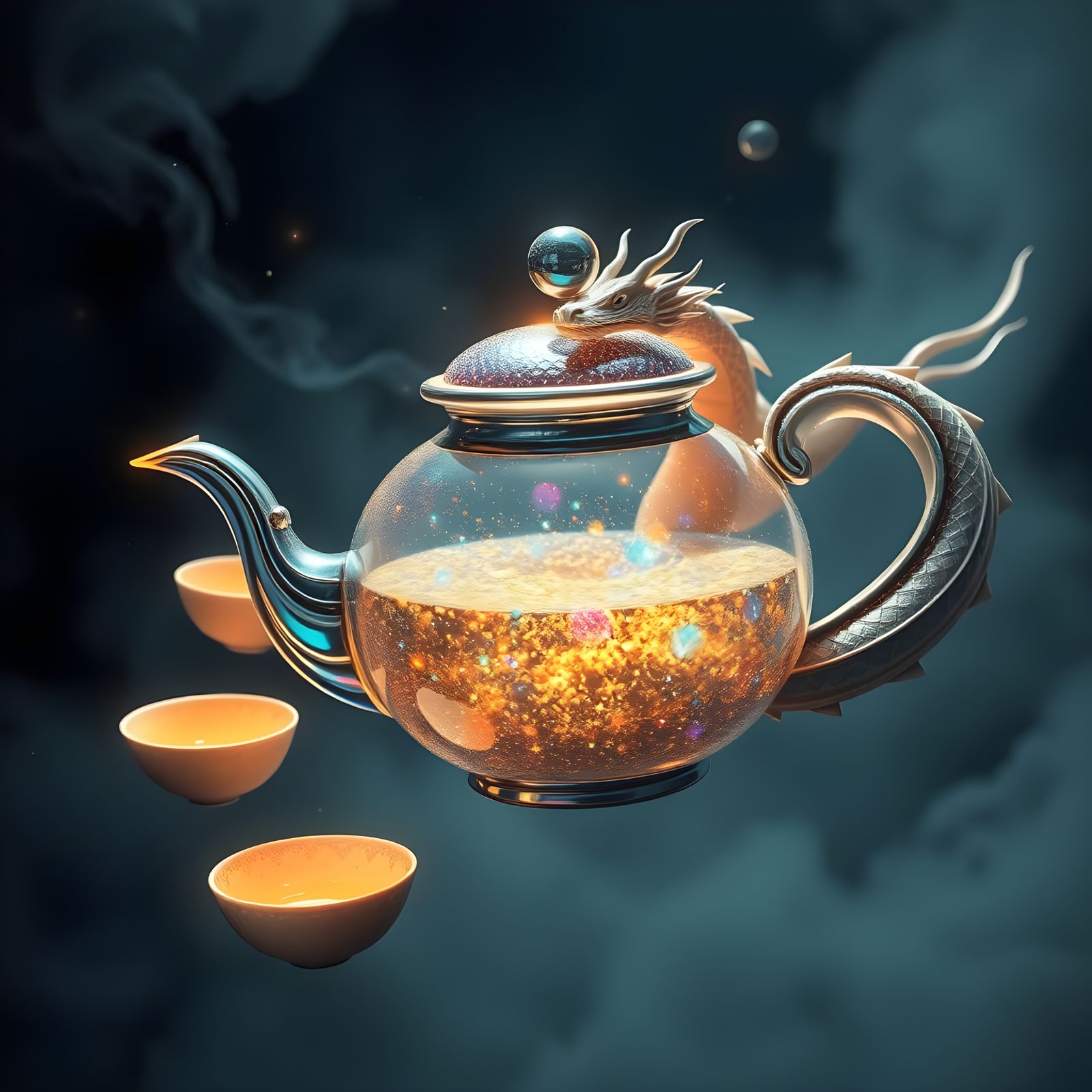 Cosmic Teapot Radiates Ethereal Glow in Mid-Air