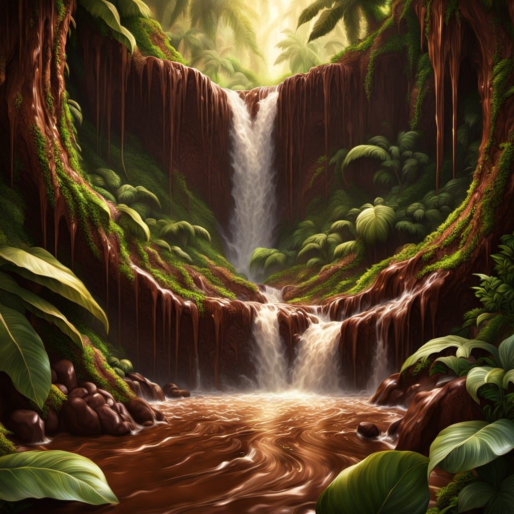 Chocolate Waterfall in Lush Rainforest Digital Painting