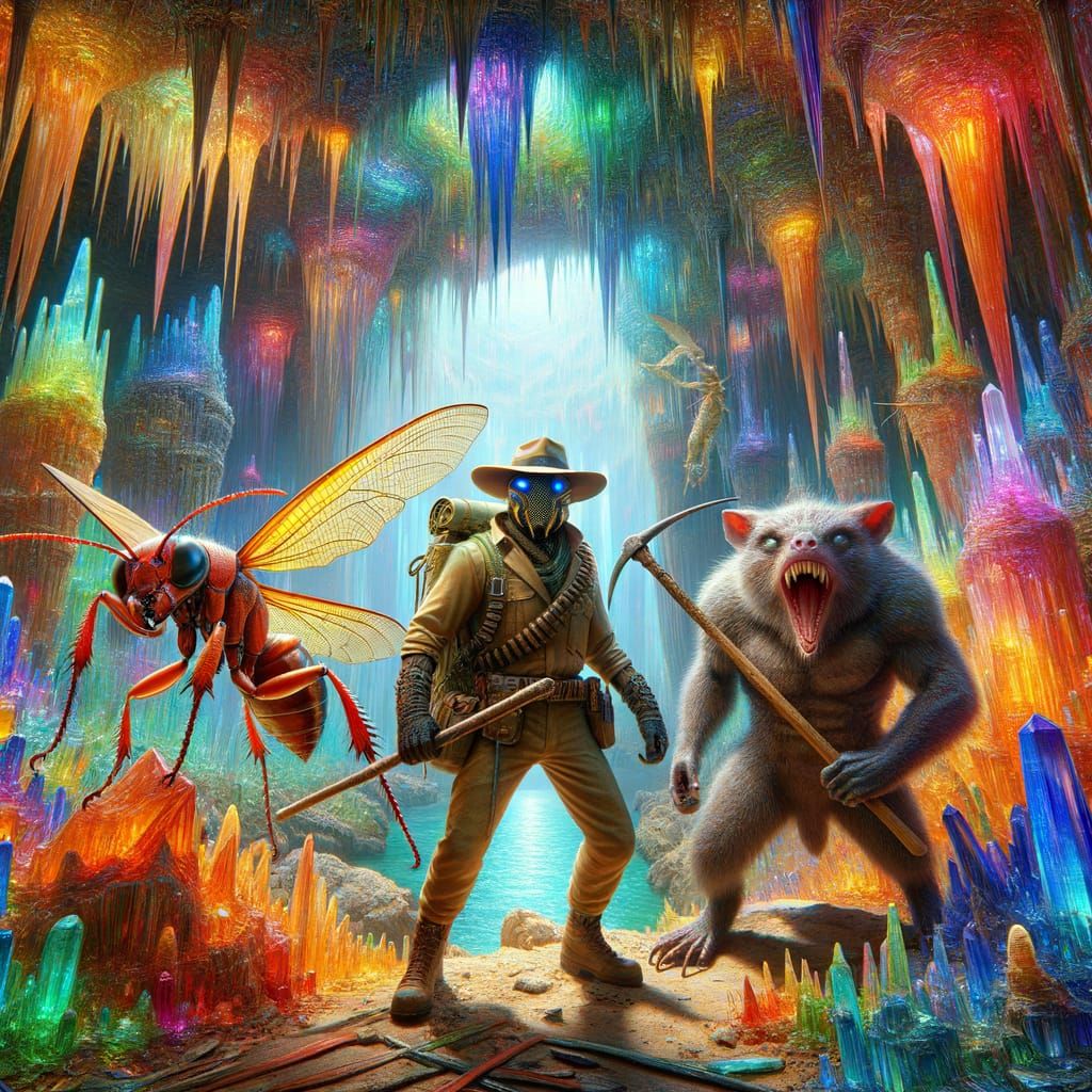 Eerie Glass Cavern Encounter in Hyper-Realistic Style