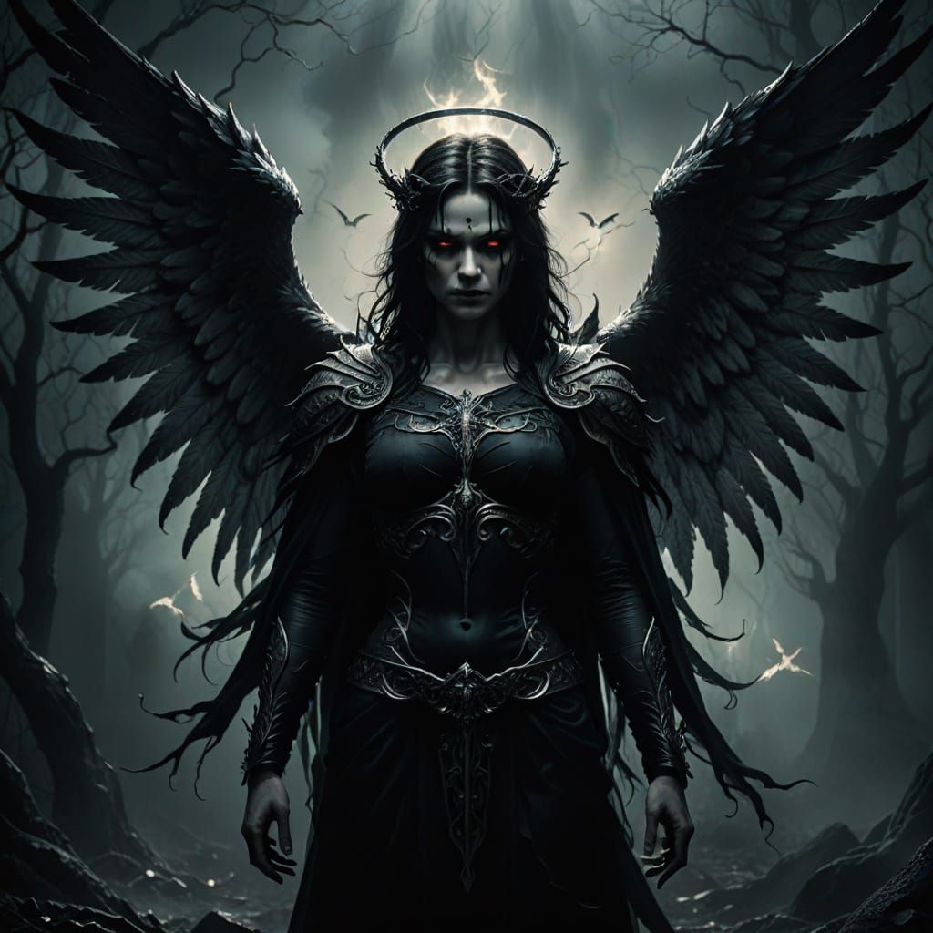 Gothic Angel or Demon in a Haunting Misty Landscape