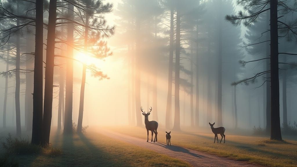 Misty Forest Dawn With Majestic Stag