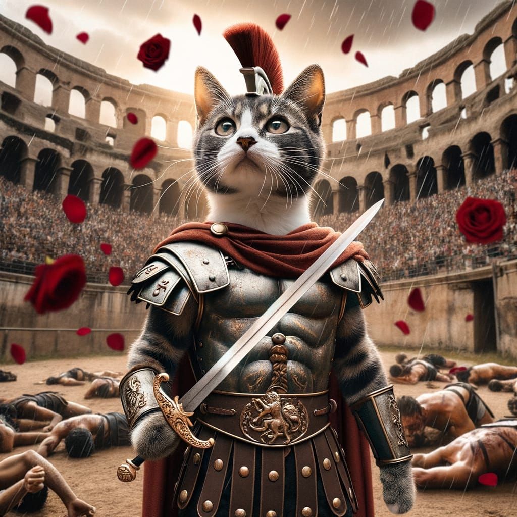 Victorious Tuxedo Cat Gladiator in Roman Coliseum