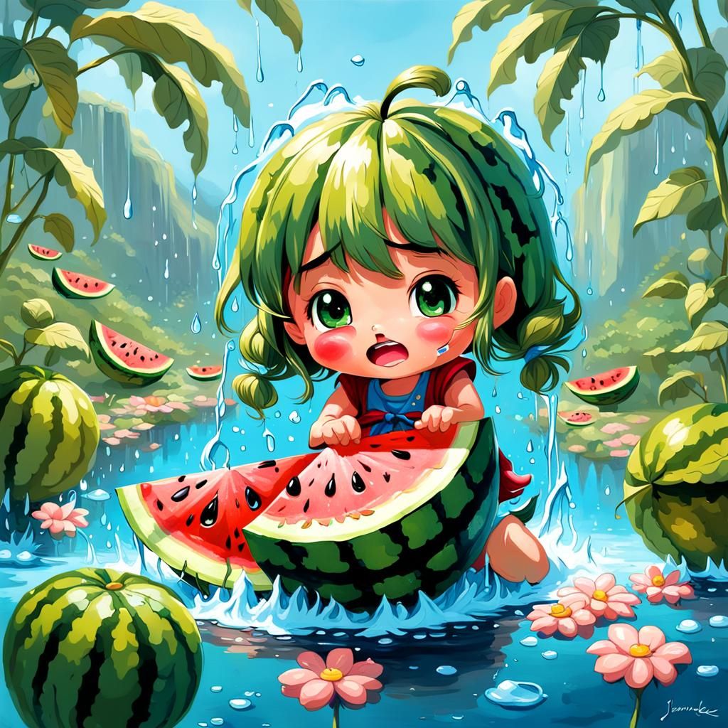 Crying Watermelon Chibi in Oil Painting Style