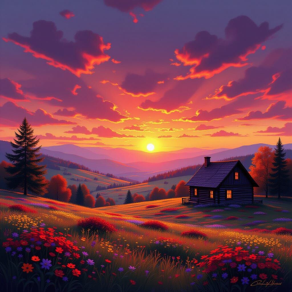 Crimson Sunrise Over Rolling Hills with Rustic House