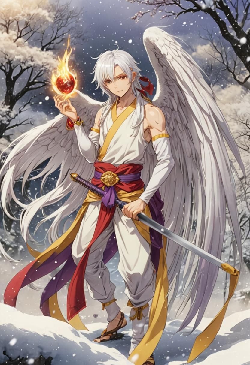 A boy with long, white hair that has strands of red. He is w...