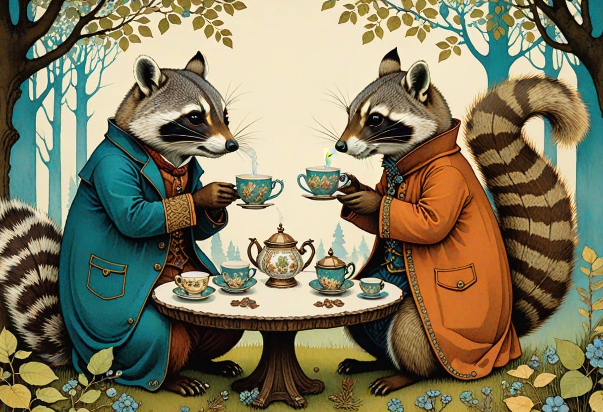 Two Gentleman Raccoons Enjoying Their Mid-day Tea Break