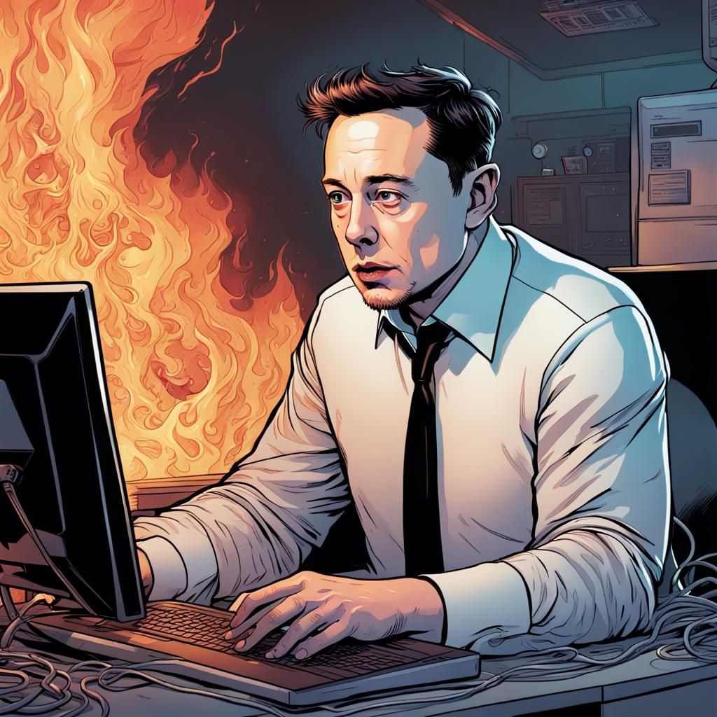 Elon Musk Surrounded by Flames in Comic Art