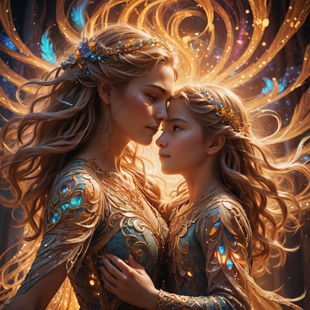 Mother and Daughter Embrace in Glowing Energy: Digital Paint...