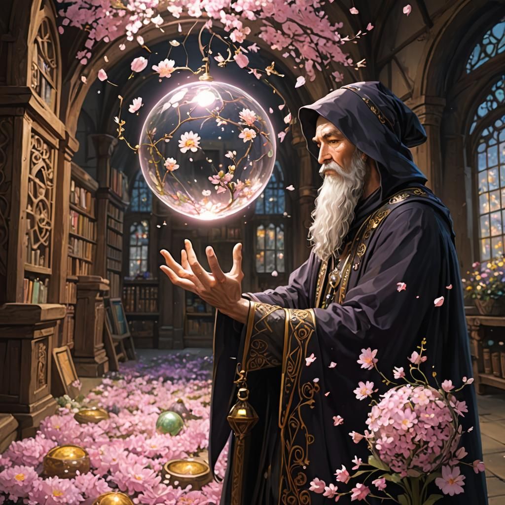 Wizard Creates a Sphere of Blossoming Flowers