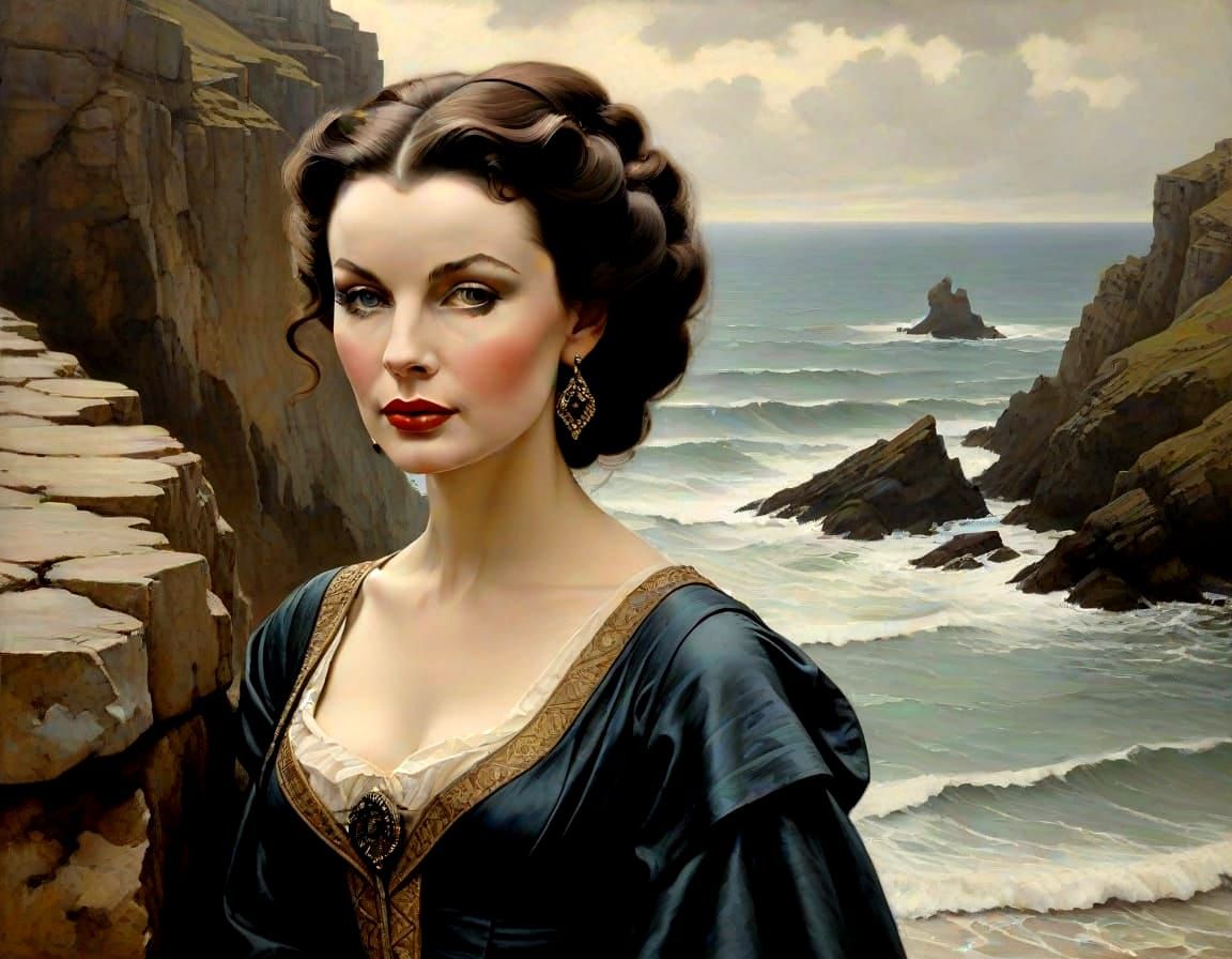 Vivien Leigh as a Medieval Lady in a Dramatic Coastal Scene