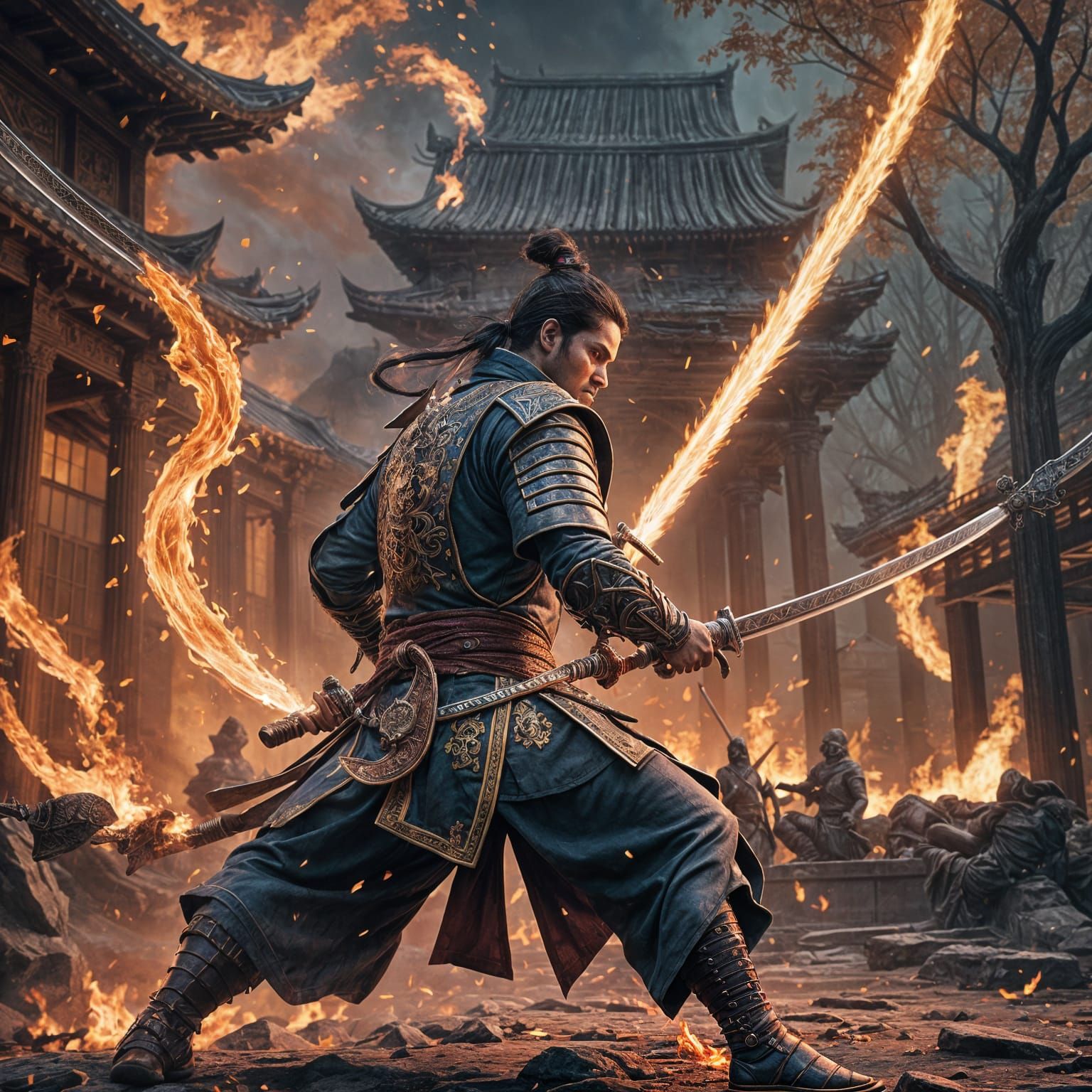 Flaming Samurai Warrior in Detailed Matte Painting