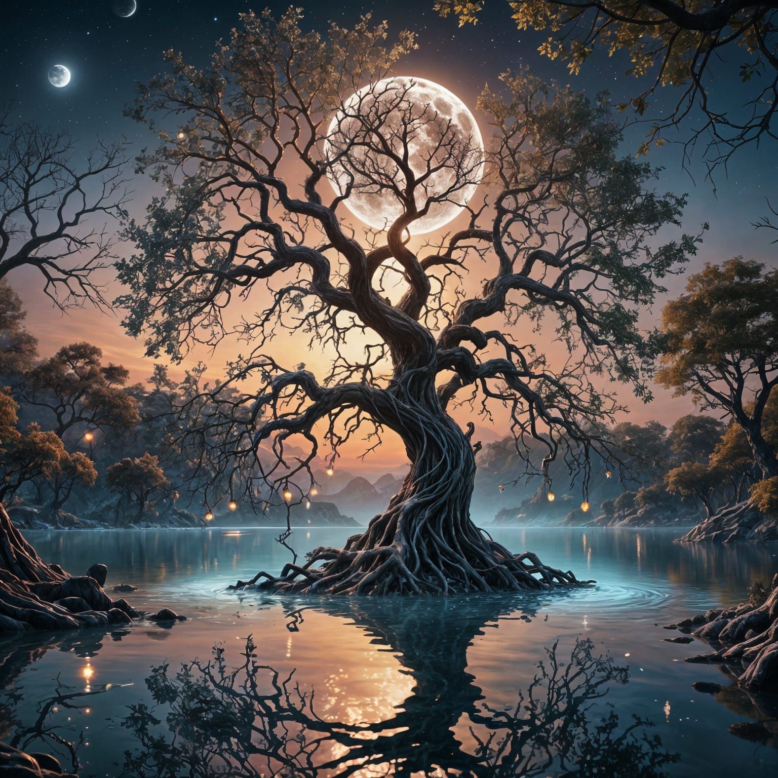 Entangled Magic Tree Reflecting in Water