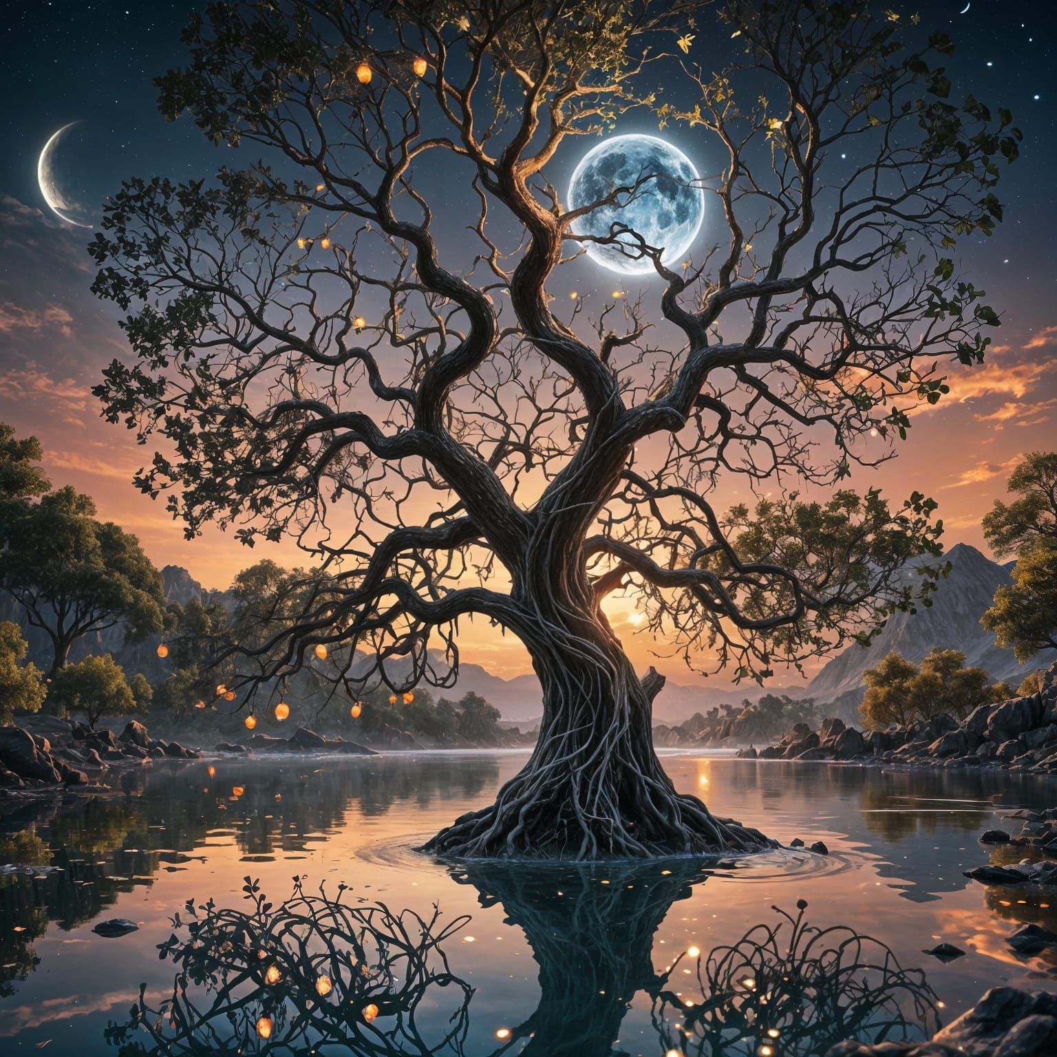 Entangled Magic Tree Reflecting Moonlight
