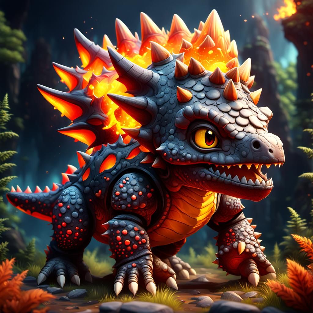Fiery Chibi Stegosaurus: Fantasy Concept Art