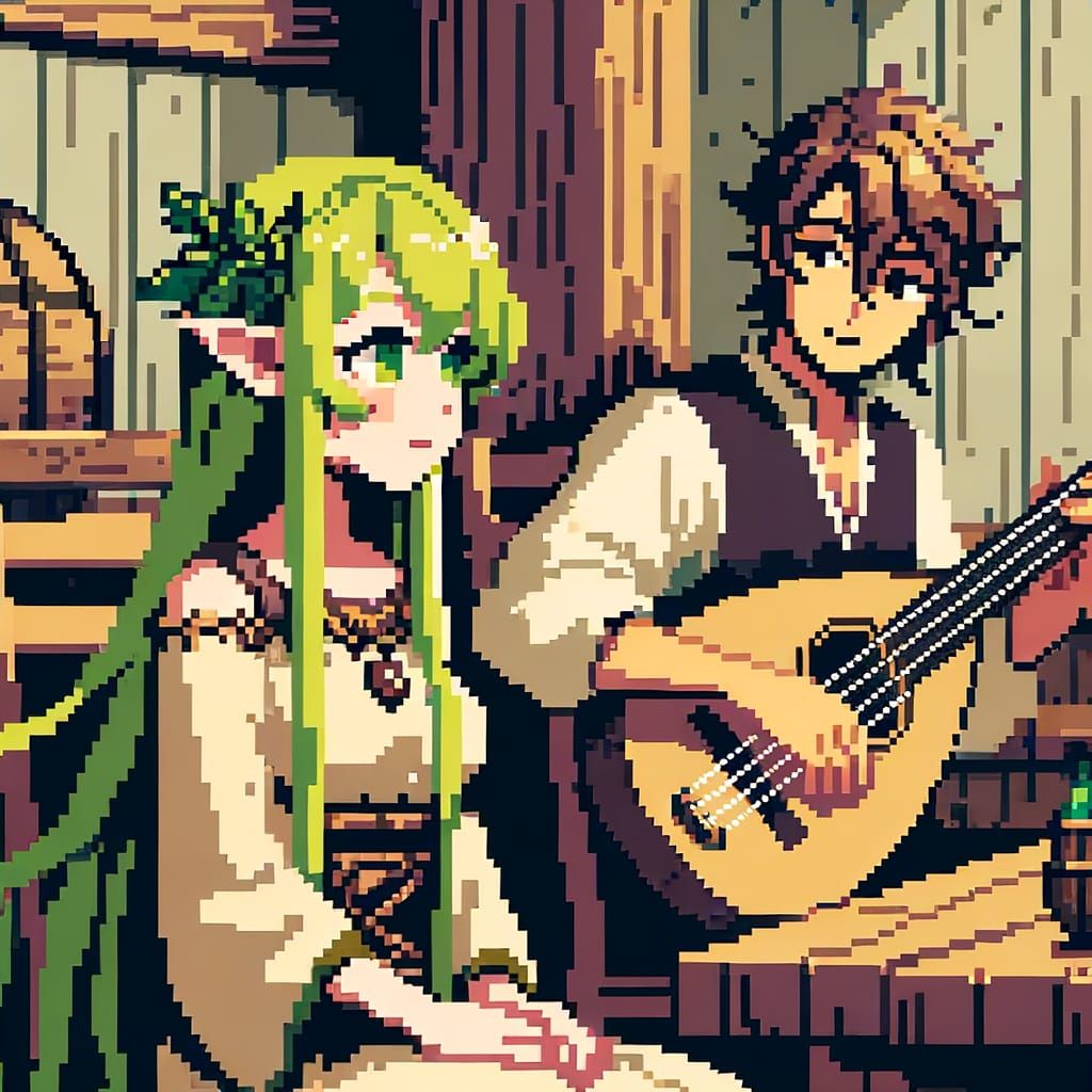 Pixellated Anime Dryad Girl in Tavern, Enchanted by Bard's M...