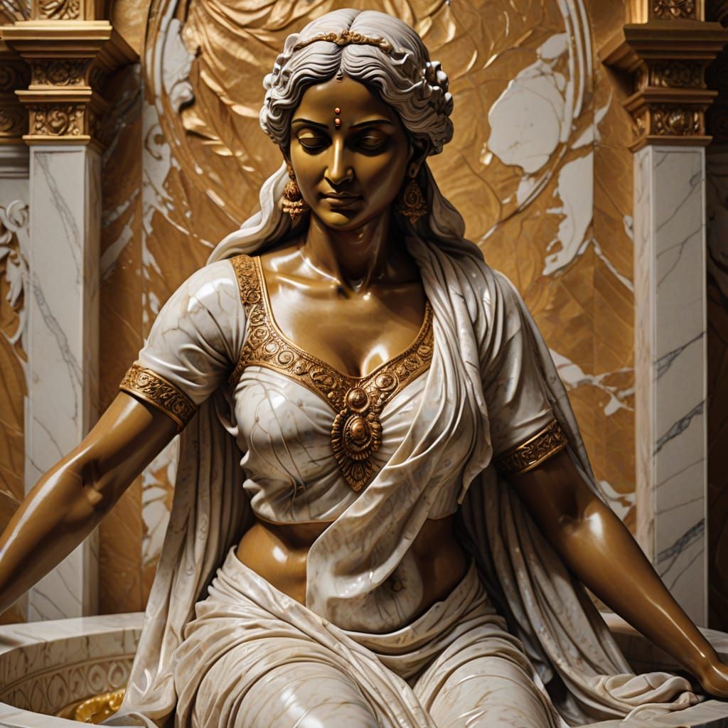 Indian Woman Bathing: Michelangelo-Inspired Marble Sculpture