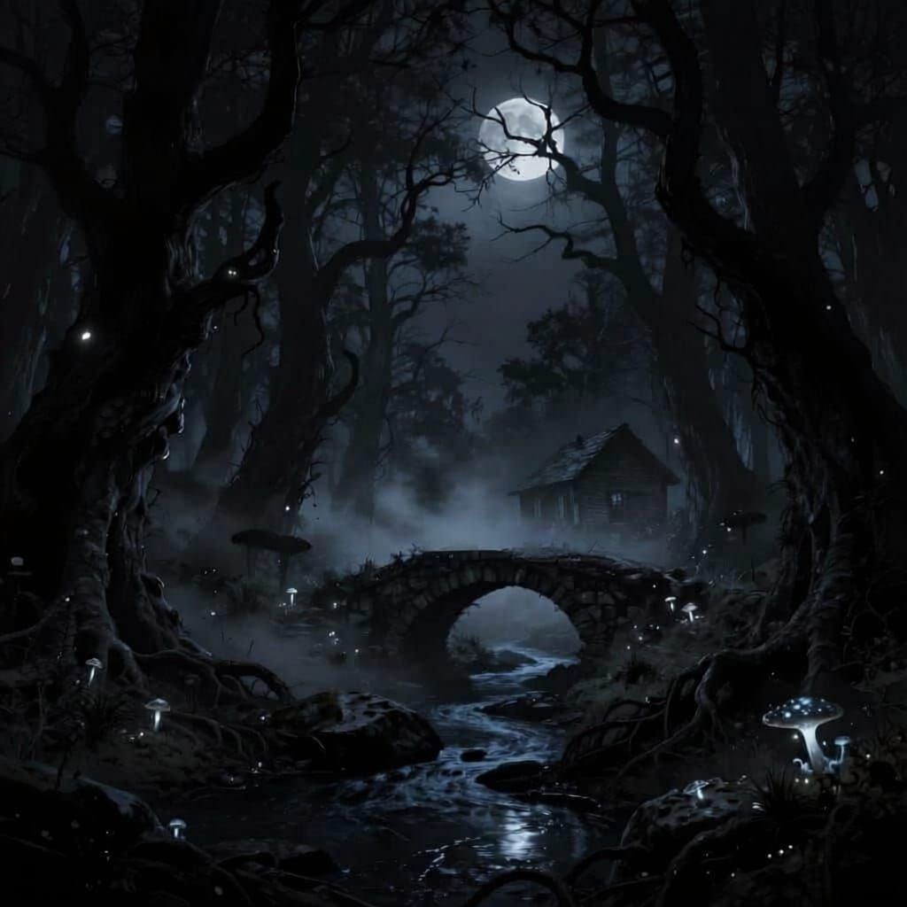 Mysterious Shadowy Forest Under Moonless Sky