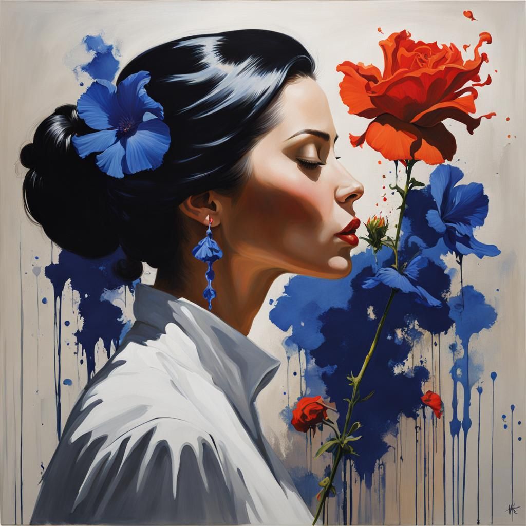 Ink Painting: Woman Smelling Flower in Abstract Style