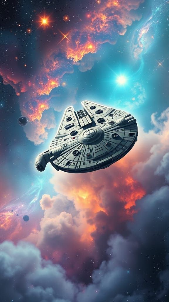Surreal Cosmic Landscape with Millennium Falcon in a Nebula'...