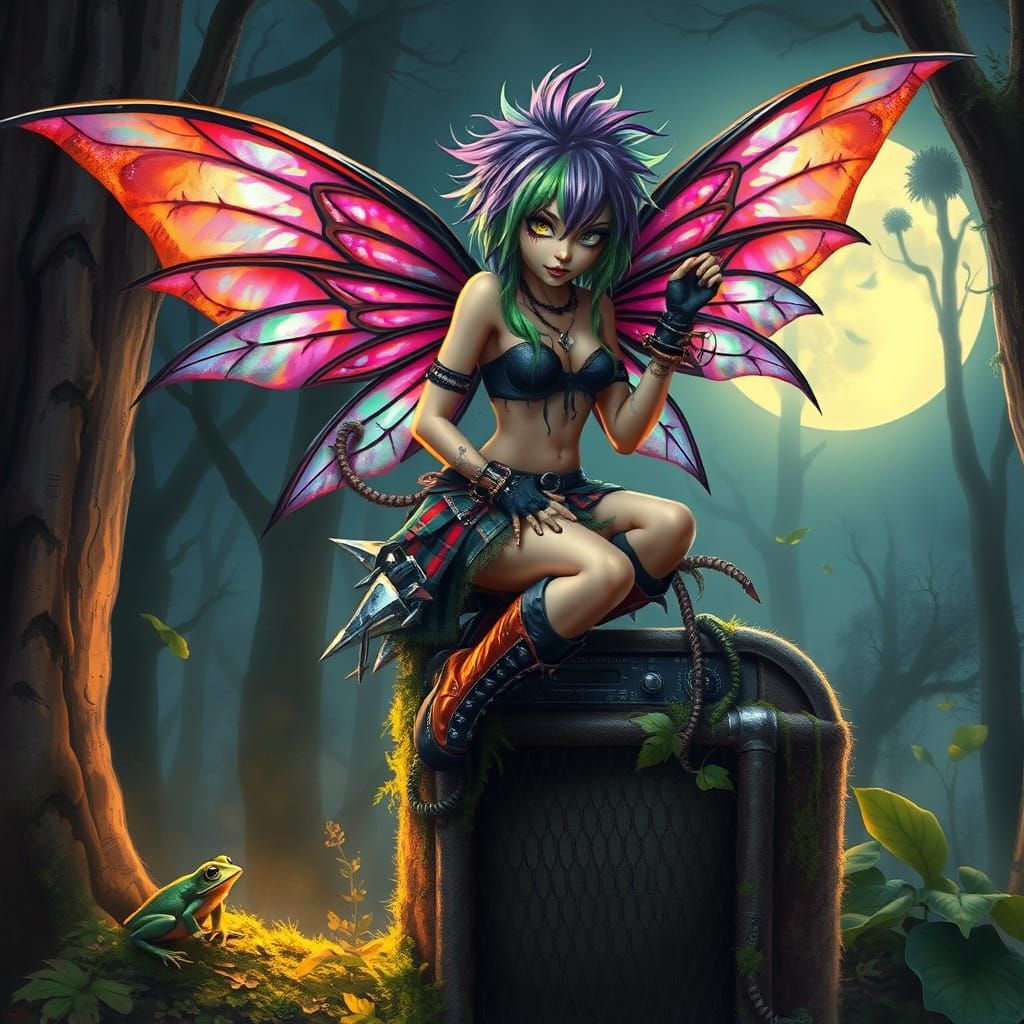Punk Rock Fairy on Amp in Moonlit Forest