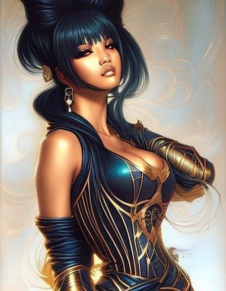 Neo-Victorian Japanese Beauty with Golden Stripes