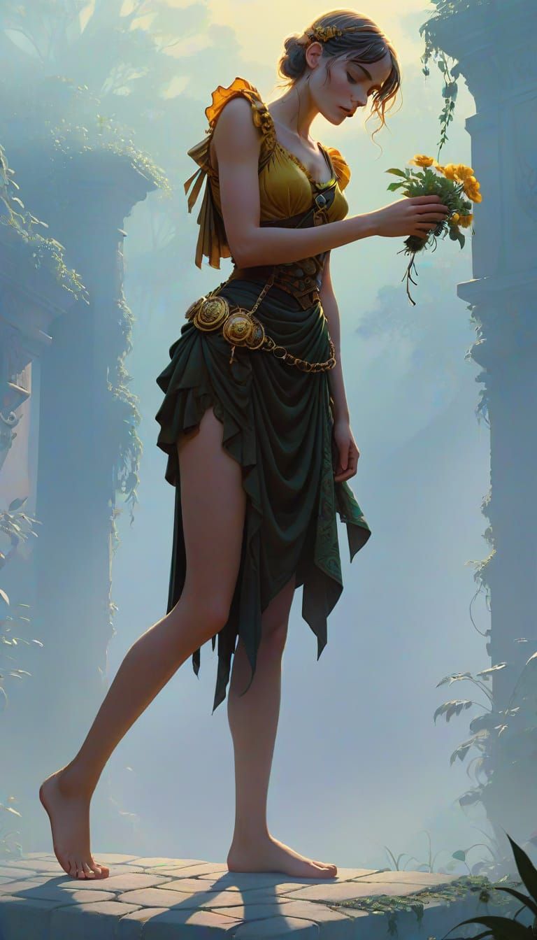 Woman at the Threshold of a Golden Jungle in Dreamlike, Hype...