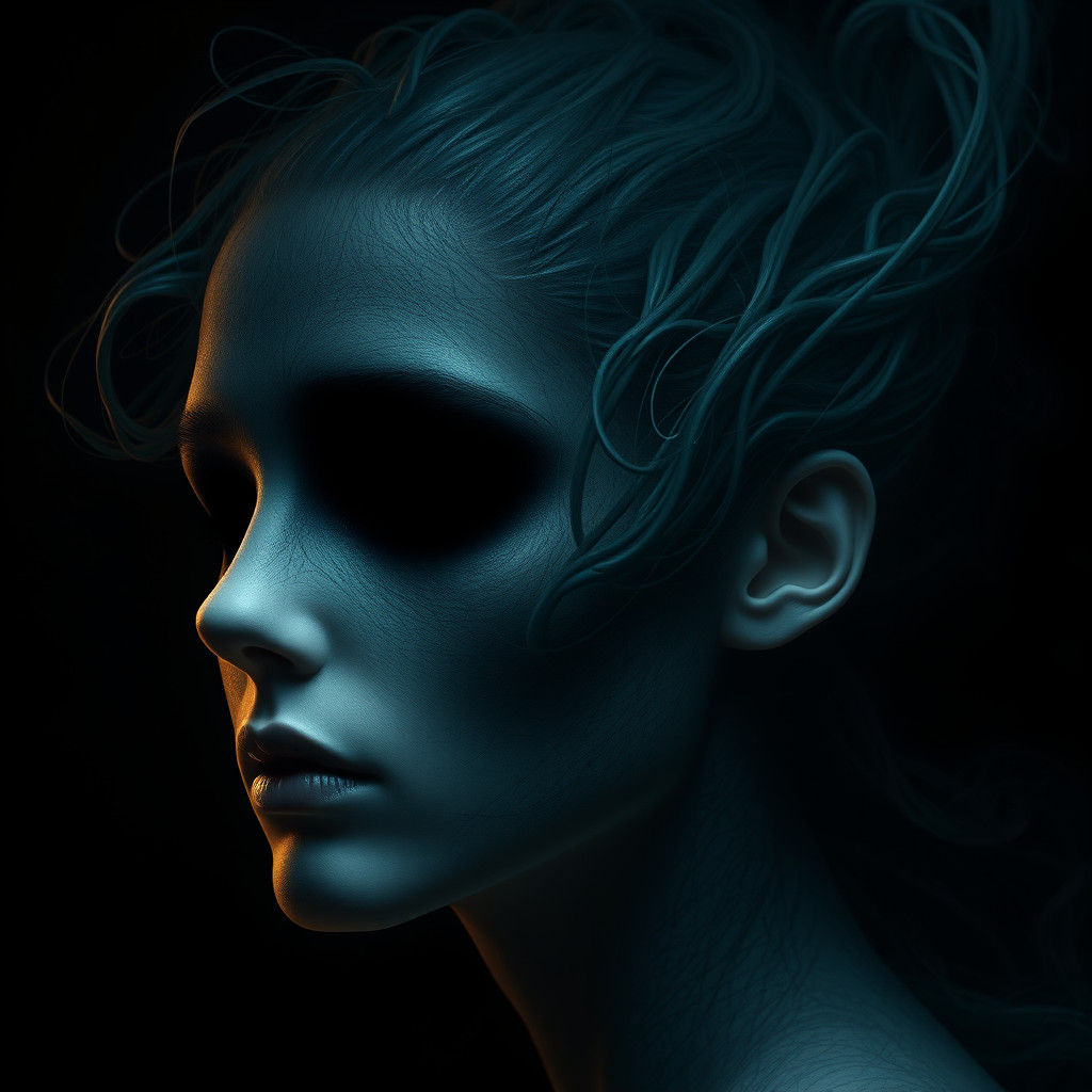 Eerie Woman with Void Face in Digital Surrealism
