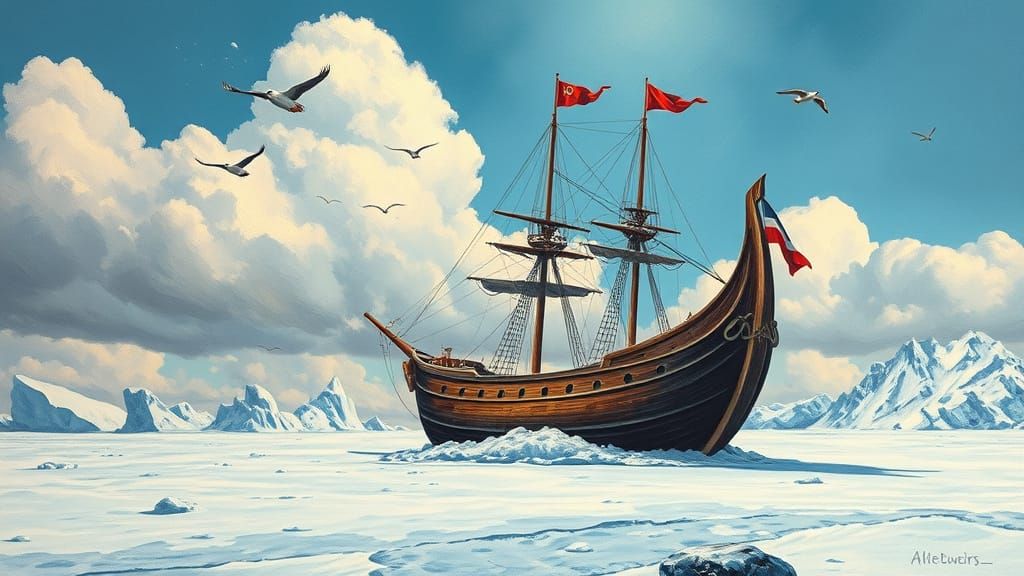 Viking Ship on Frozen Tundra in Van Gogh Style